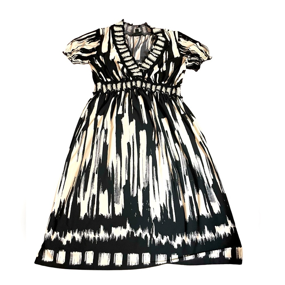En Focus Black White Dress Print V Neck elastic waist sz 12 short sleeve spandex - Picture 2 of 12